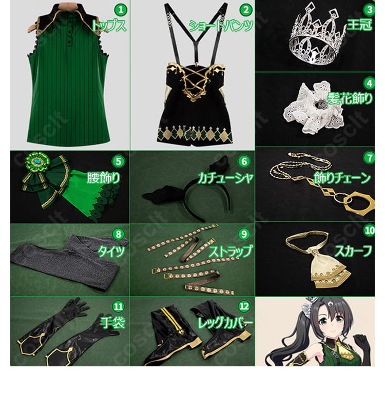 サトノクラウン勝負服コスプレ衣装のセット内容一覧。トップス、ショートパンツ、王冠ほか一式を配置。