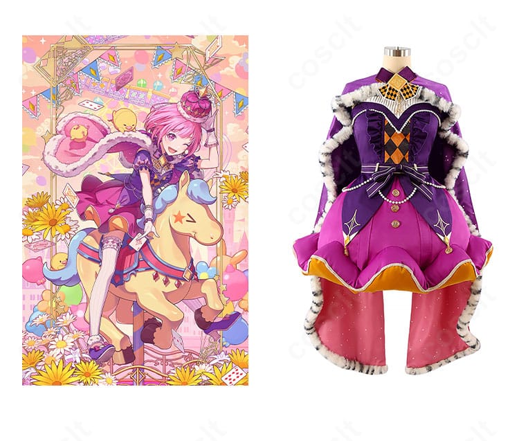 プロジェクトセカイ 鳳えむ クイーン・オブ・ダイヤ衣装の正面とキャラ比較。装飾配置と色味の再現度が分かる画像。