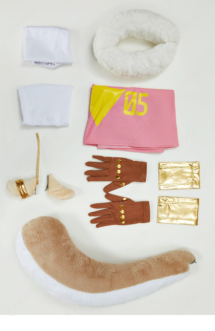 アトラス PUNK-05 コスプレ衣装のセット内容一覧。ワンピース、スヌード、耳、アームカバー、手袋、尻尾を表示。