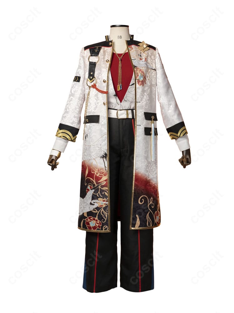 風早巽 宝相華衣装コスプレの正面全体。精緻な刺繍とシックなカラーで、サイズとオーダーメイド対応を明示。