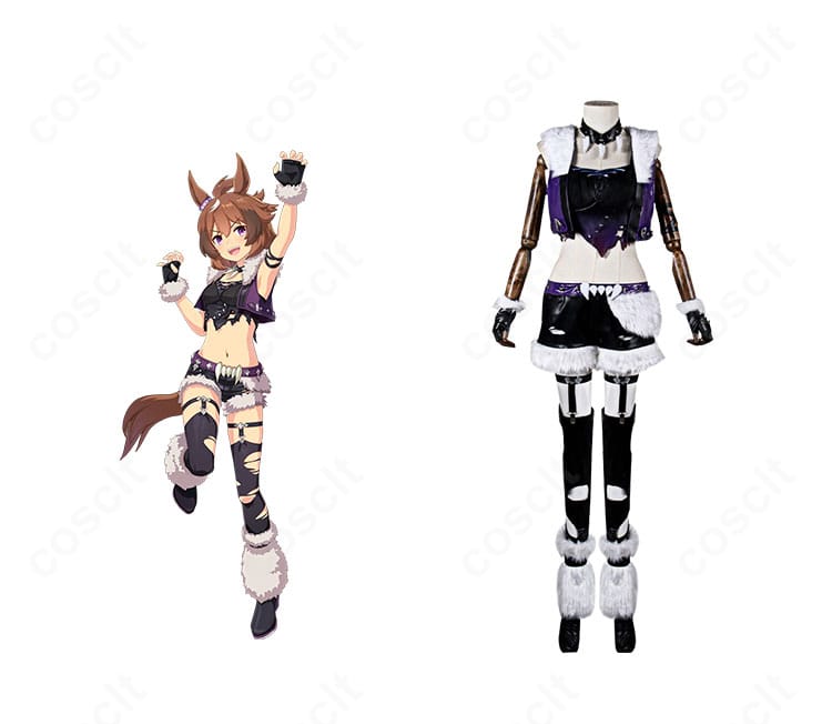 シンコウウインディのキャラクター画像と並んだ勝負服一式の正面写真。ウマ娘の配色・装飾とシルエットが分かる商品画像。