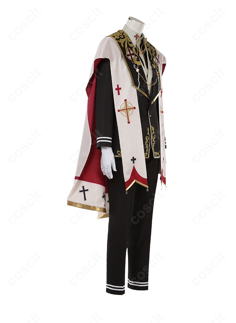 右側面の全体像。マントの落ち感とコートのライン、装飾の固定位置を強調したアングル。