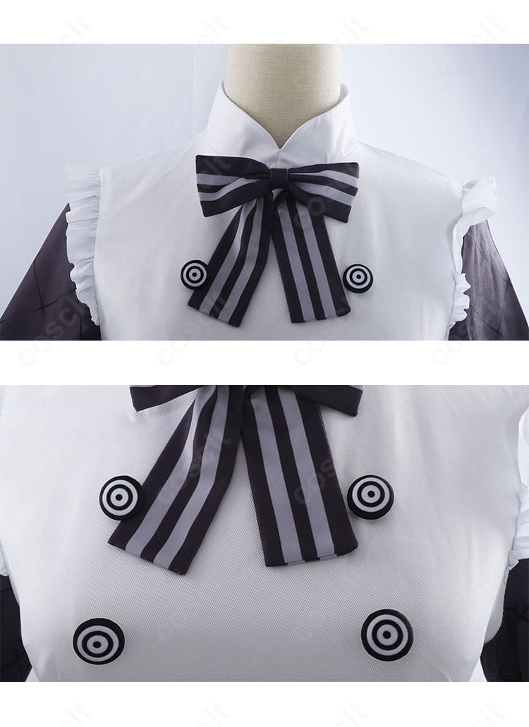 一伊那尓栖 新衣装コスプレの襟元と蝶ネクタイのクローズアップ、装飾の質感を強調