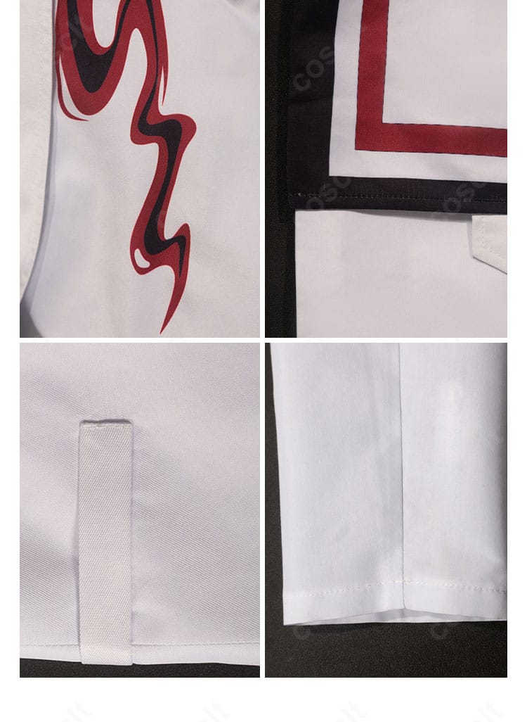 ホムラ(焰)衣装の裾・袖口アップ。縁取り装飾とステッチの仕上がり、ハリ感ある生地表情を強調。