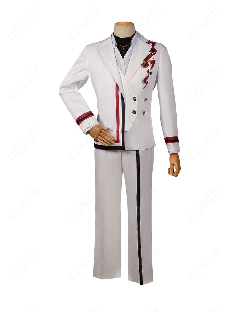 恋と深空 ホムラ(焰)コスプレ衣装の正面全身。コートのハリ感と落ち着いた配色、胸飾りの位置関係が分かるカット。