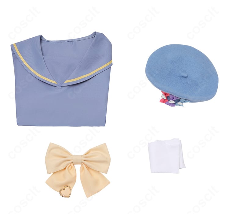 セット内容の集合画像。ワンピース、スカーフ、帽子、靴下の4点が揃うことを示す構成