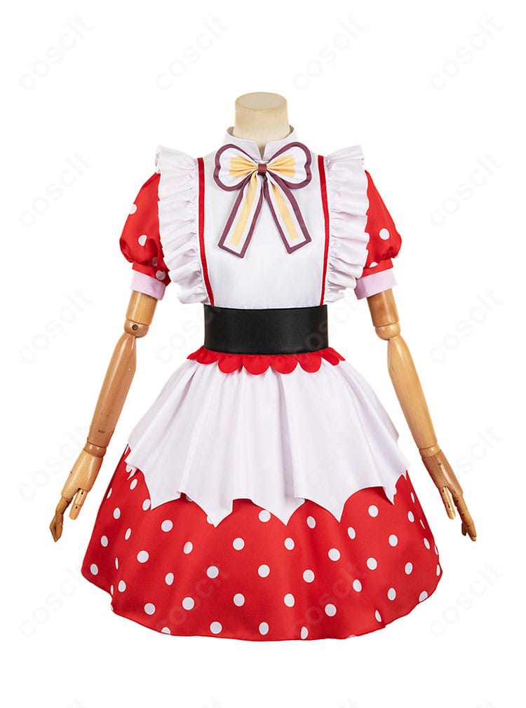 【推しの子】有馬かな コスプレ衣装の正面全体。鮮やかな配色とコルセットベルト、大きな蝶結びを備えたアイドル風デザイン。