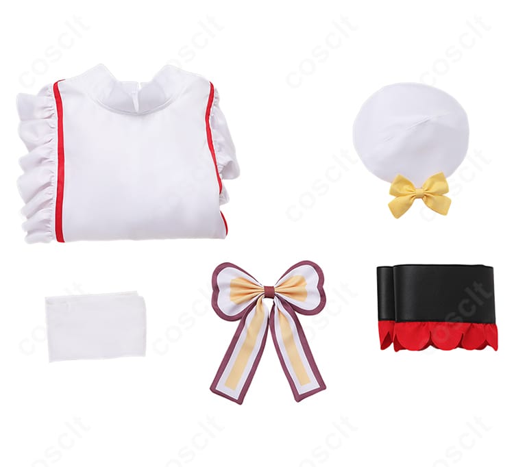 【推しの子】有馬かな コスプレ衣装のセット内容一覧。帽子・ワンピース・蝶結び・コルセットベルト・靴下の5点。