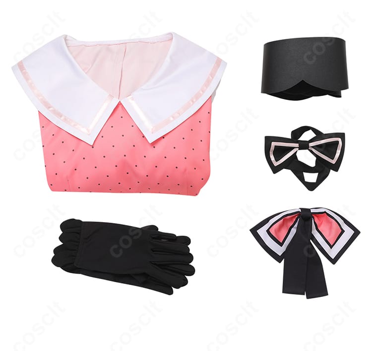 星野ルビー コスプレ衣装のセット内容一式。ワンピース、手袋、コルセットベルト、髪飾り、蝶ネクタイを並べた画像。