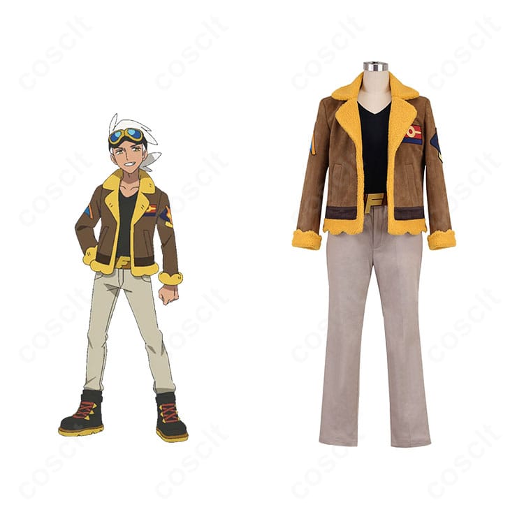 ポケットモンスターのフリード博士と衣装のコラボ構図。肩章やベルト装飾まで再現したCOSCLT製コスプレ衣装の全体イメージ。