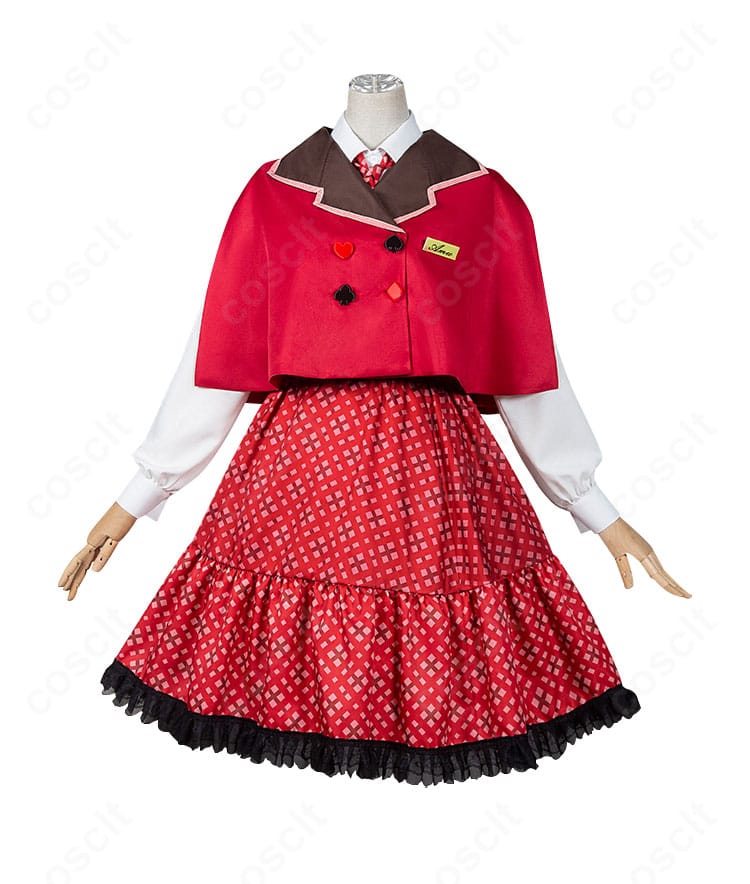 正面全体画像。クラシカル駅員風コートとスカート、ネクタイ、シャツの配置とシルエットが分かる日奈森あむコスプレ衣装。