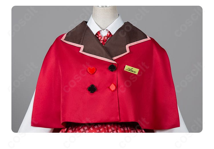 上衣装飾のクローズアップ。襟から前立てにかけての刺繍とボタンの質感、金具の配置を示すディテール。