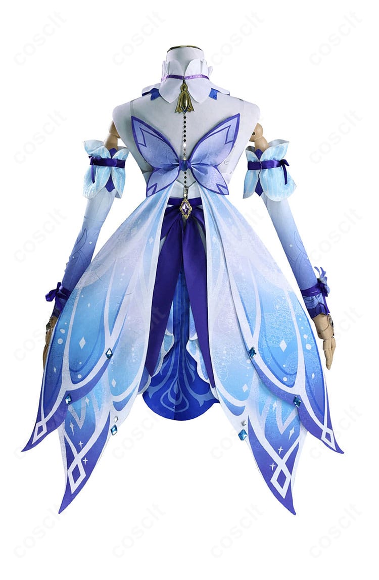 原神 ニィロウ 東風はこぶ花の吐息 コスプレ衣装 背面図。背部の蝶結びと背飾りのレイヤー表現が際立つ。