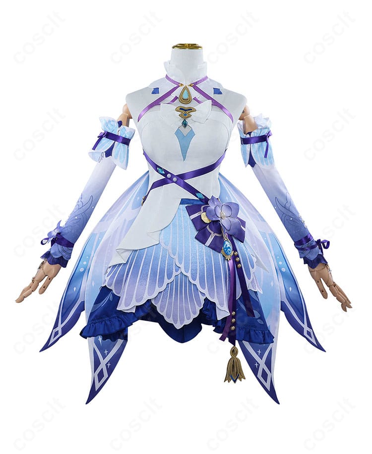 原神 ニィロウ 東風はこぶ花の吐息 コスプレ衣装 正面図。発色とディテールが分かるフルセットの前面カット。