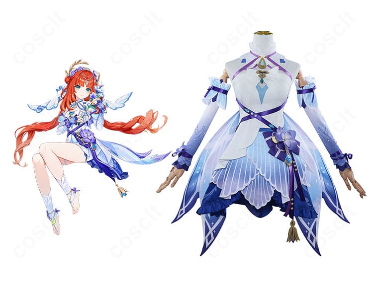 原神 ニィロウ 東風はこぶ花の吐息 コスプレ衣装の正面とキャライメージ。刺繍と装飾を高忠実に再現した全体像。