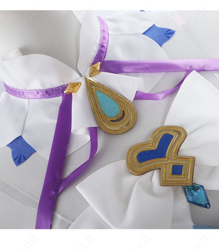 原神 ニィロウ 東風はこぶ花の吐息 コスプレ衣装 襟元と蝶結び装飾のアップ。精緻な刺繍と立体装飾の質感を強調。