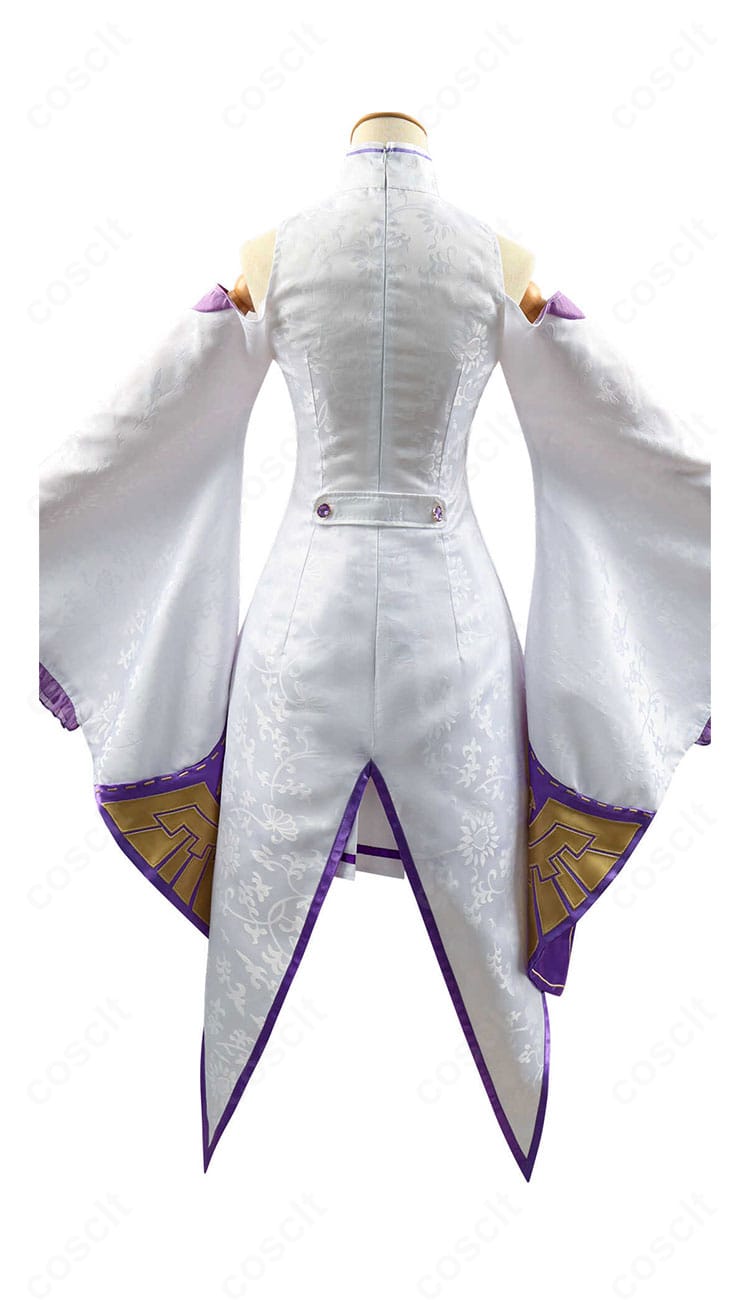 商品背面の全体像。背面の開閉仕様と裾のレイヤーが分かるエミリア衣装デザイン。