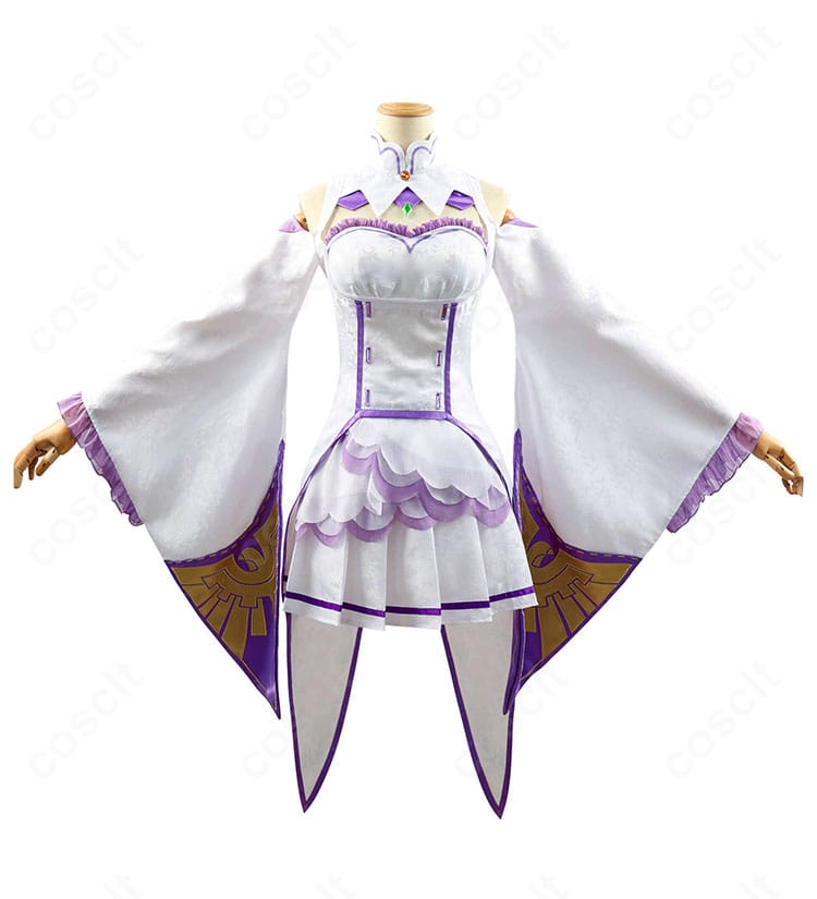 商品正面の全体像。襟元から裾までのシルエットと配色を確認できるエミリア衣装。