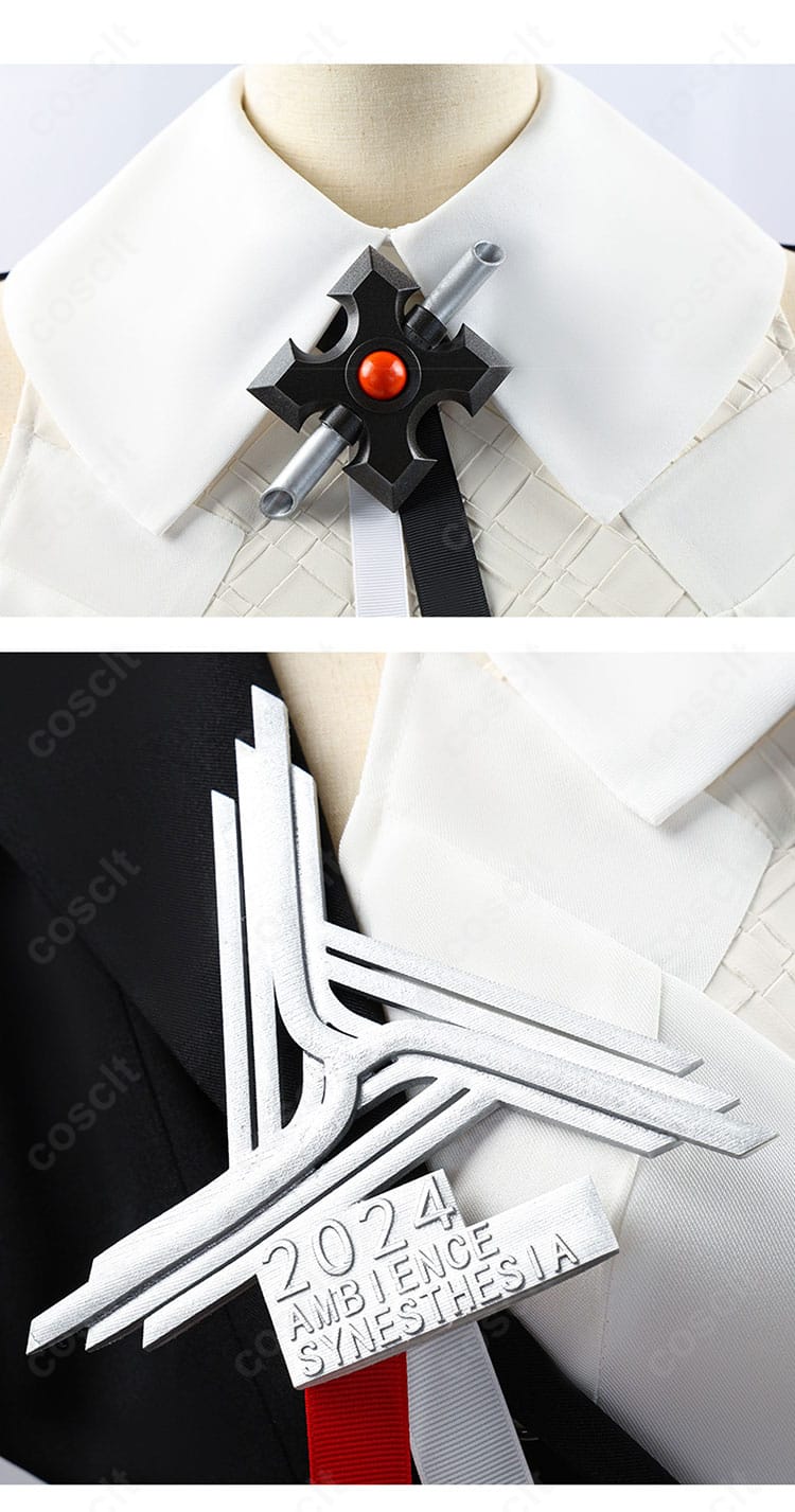 アークナイツ テレジア 音律聯覚2024 コスプレ衣装の襟元ディテール。襟飾りと刺繍の意匠がわかるアップ。