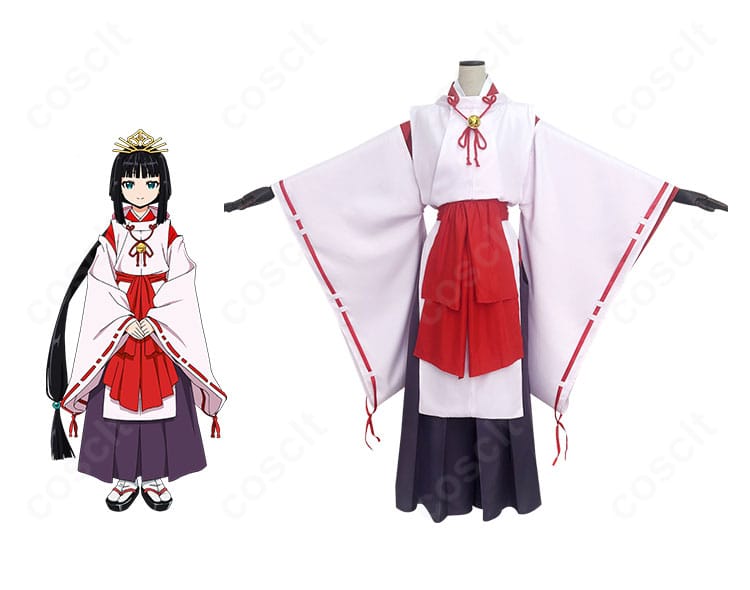 逃げ上手の若君・雫のコスプレ衣装 正面とキャラクター比較。配色・装飾・帯の形状まで忠実再現した和装スタイル