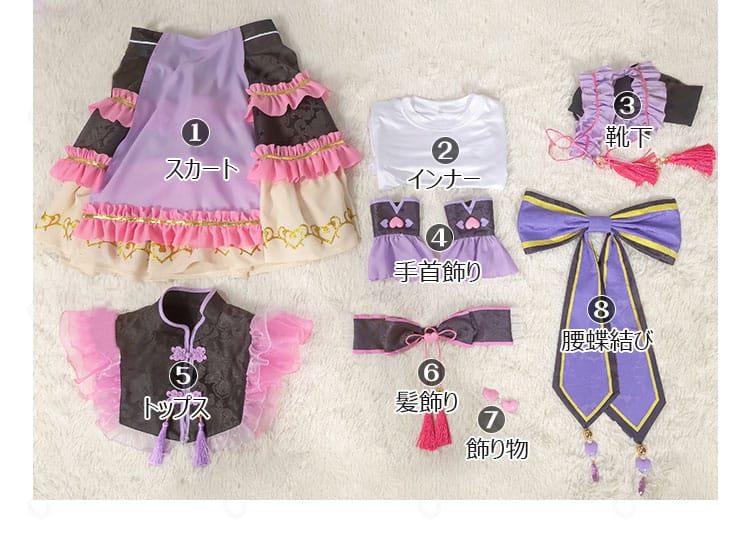 セット内容一式：トップス、スカート、インナー、靴下、手首飾り、髪飾り、腰蝶結び、飾り物。