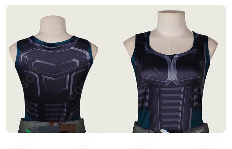 VALORANT スカイ コスプレ衣装のインナー詳細。重ね着の質感と縫製の仕上がりを示すクローズアップ