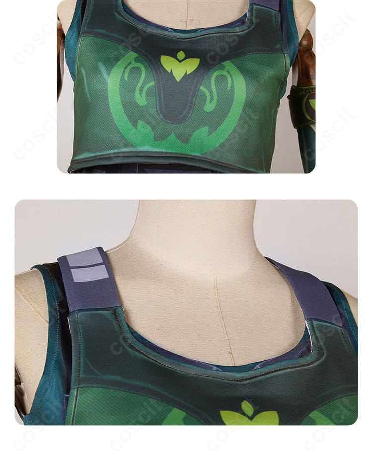 VALORANT スカイ コスプレ衣装のネック周り装飾。ネックレスと襟元のディテールが分かる接写