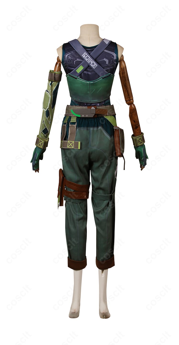 VALORANT スカイ コスプレ衣装の背面。背中のラインとベルトコンポーネントの配置が分かる画像