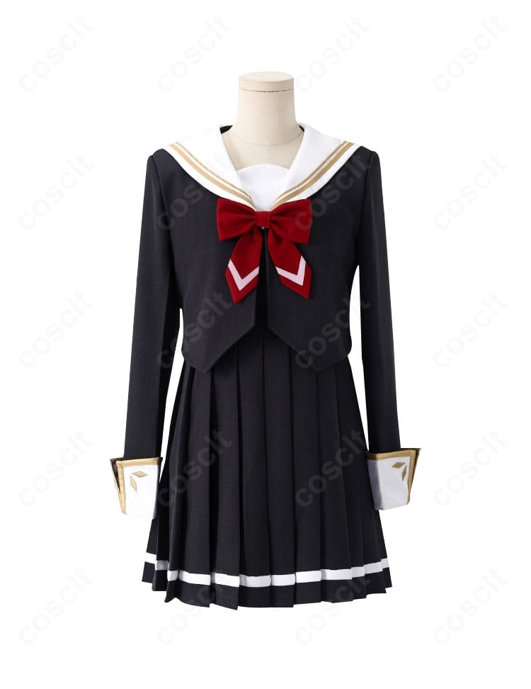 アリサ・ミハイロヴナ・九条 学園制服コスプレ 正面全身。ジャケット風コートとワンピースの清楚なシルエットが分かる構図。
