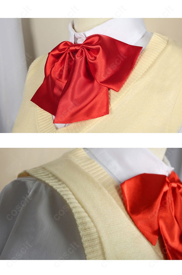 小鳥遊六花 夏服コスプレ衣装の肩袖と蝶ネクタイ(スカーフ)周辺ディテール。縫製と装飾の拡大画像