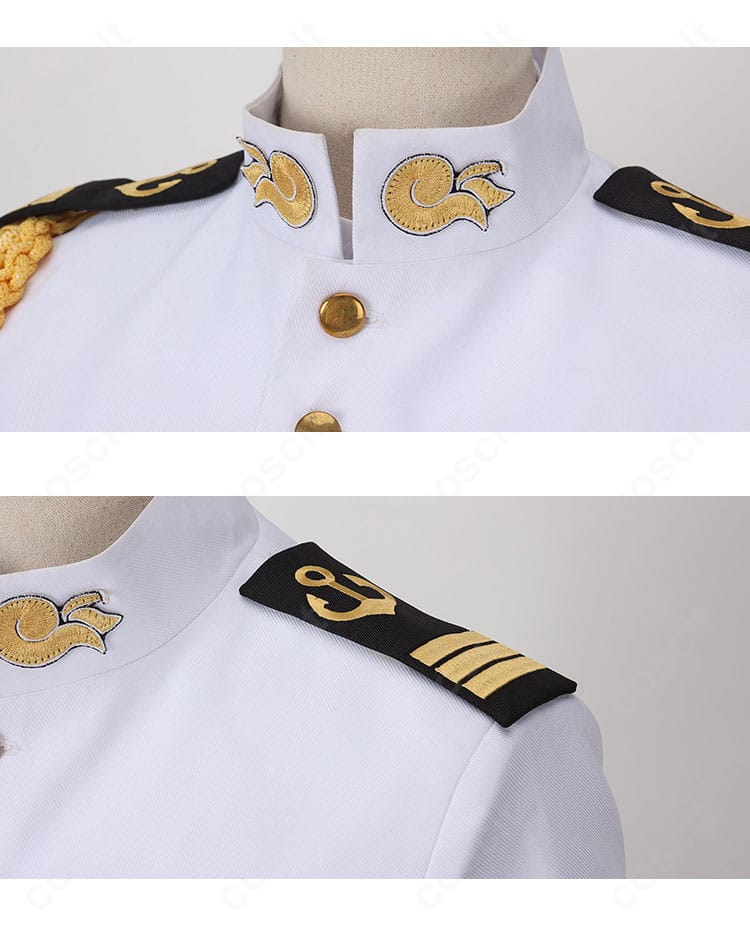 ネモ衣装の肩章と襟元ディテール。刺繍と縁取りが指揮官らしさを強調します。