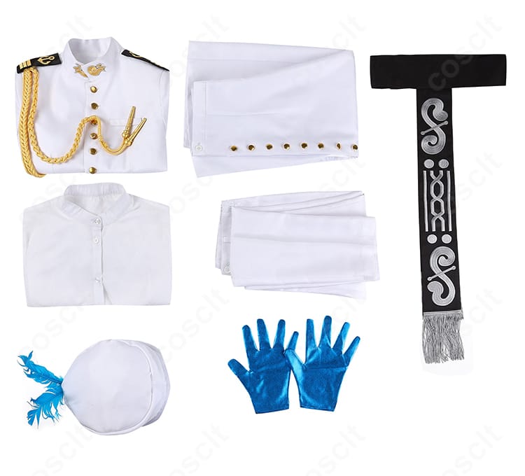 Fate/Grand Order Arcade ネモ コスプレ衣装のセット内容一覧。コート、シャツ、ズボン、オーバースカート、腰飾り、帽子、手袋の7点構成。