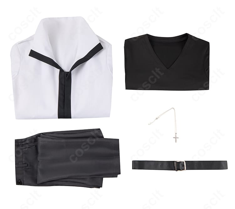グレイ・フルバスター衣装のセット内容(コート・トップス・ズボン・ベルト・ネックレス)を並べた画像
