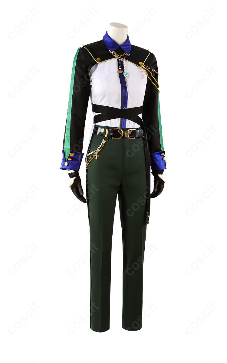 月永レオ『TRIP』衣装のサイドビュー。コートの落ち感とベルト位置、袖口のラインを示す角度