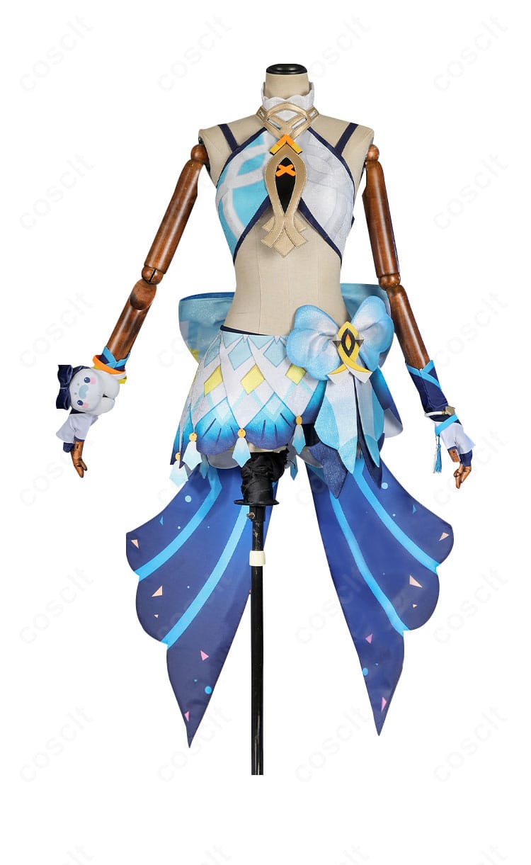 ムアラニ衣装の正面全体。タンクトップと腰布、装飾の配置を詳細に確認できるカット。