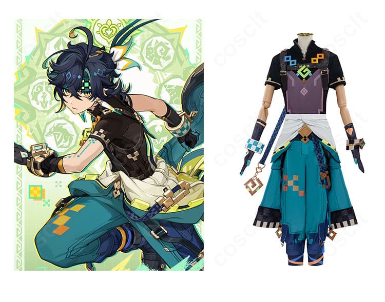 原神 キィニチのコスプレ衣装一式を正面から撮影。配色と装飾をリアルに再現した全体像。
