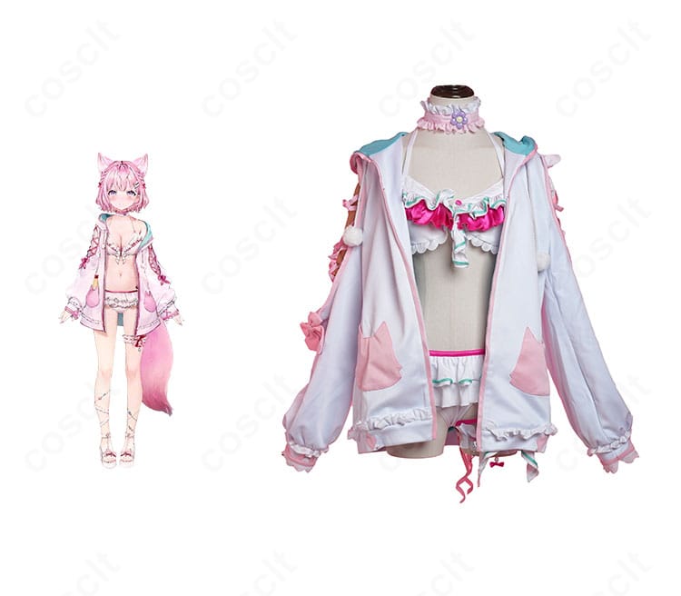 博衣こよりのパーカー水着コスプレ衣装とキャラクタービジュアルを並置した正面カット。配色とアクセサリーの再現性が伝わる構成。