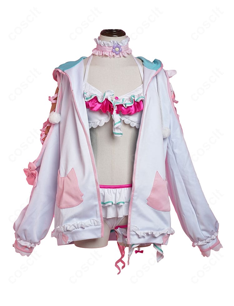 正面全身のディテール。パーカーの配色、水着の切り替え、チョーカーの位置関係がわかる商品写真。