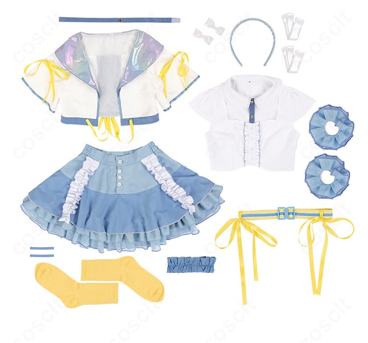 藤田ことねコスプレ衣装のセット内容一式。カチューシャからスカート、アクセサリーまで11点を並べて提示。