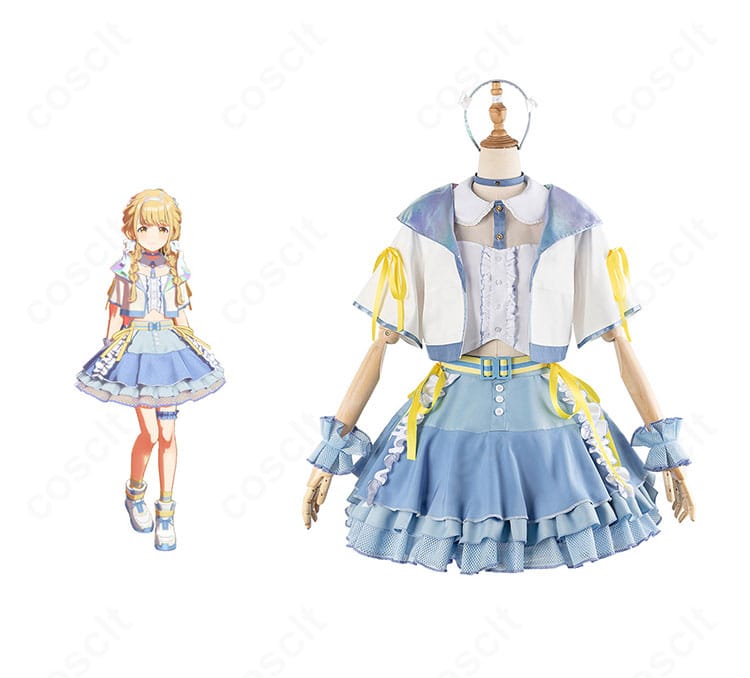 学園アイドルマスター 藤田ことねのコスプレ衣装・正面と公式ビジュアルの比較カット。配色と装飾の再現度が分かる構図。