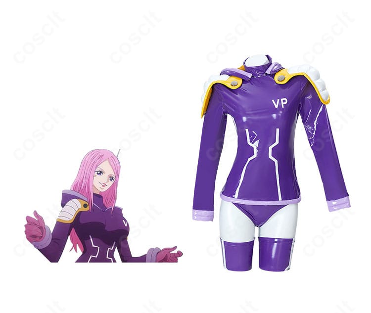 ジュエリー・ボニー エッグヘッド編コスプレ衣装の正面全体とキャラ比較。近未来テイストと高コントラスト配色が映える構成。