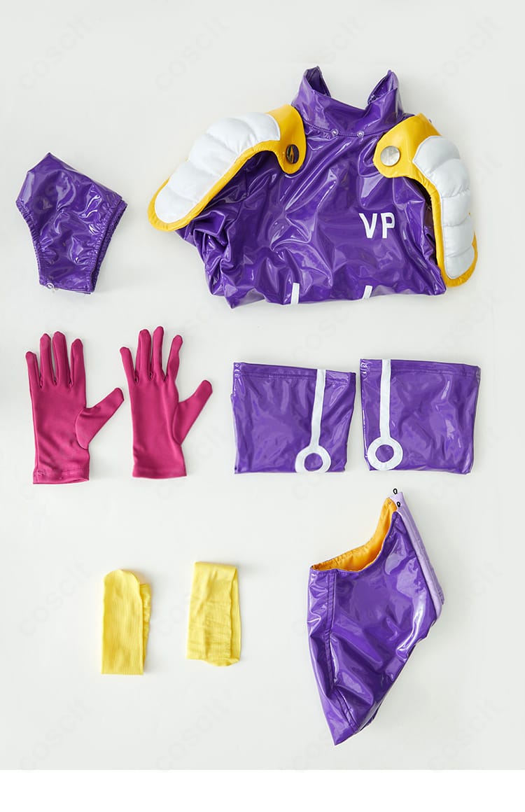 ジュエリー・ボニー エッグヘッド編コスプレ衣装のセット内容一覧。トップス、パンツ、靴下、手袋、帽子の一式。