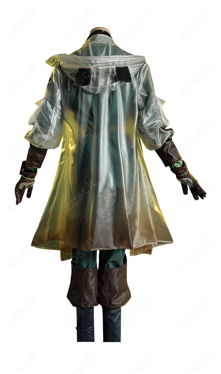 第五人格 墓守コスプレの背面全体。レインコートの丈感、背面の切り替えとベルトの配置を確認。