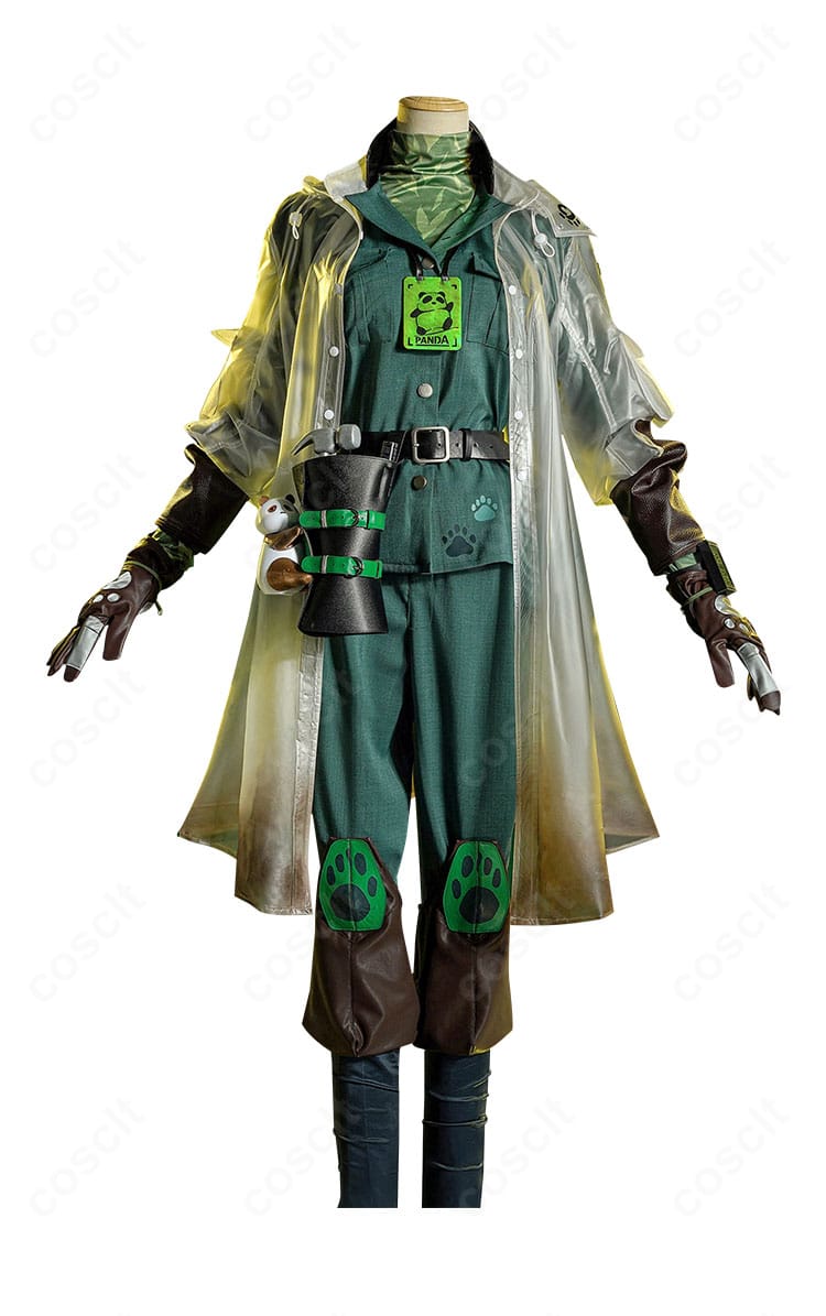 第五人格 墓守(アンドルー・クレス)コスプレ衣装の正面全体。レインコートと作業着の重ね、胸部装飾やベルト位置などの細部を確認。