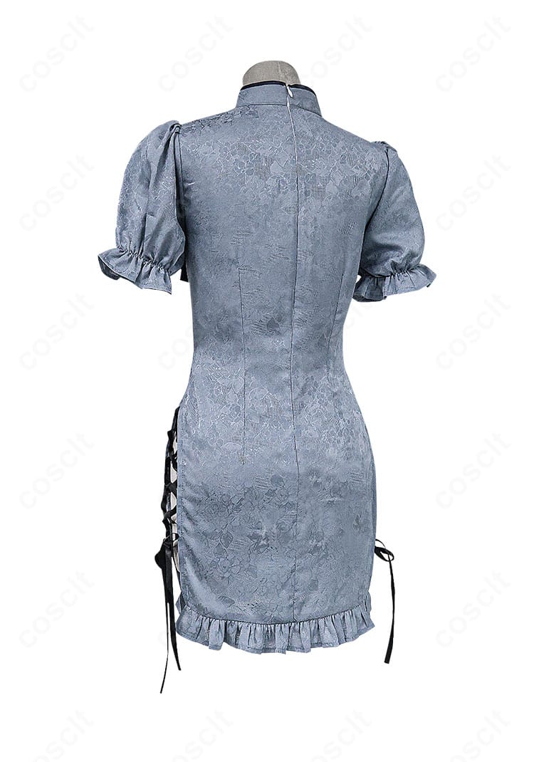 ジュビア・ロクサー チャイナ服コスチューム・背面図。背中ファスナーと裾の装飾ディテール