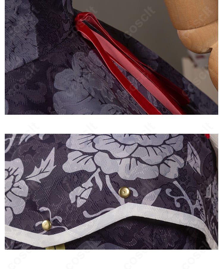 クルル・ツェペシ衣装の赤系紐飾りのクローズアップ。細部まで作り込まれた意匠。