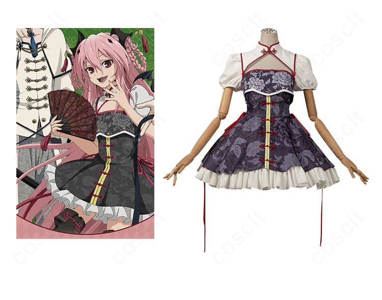 クルル・ツェペシのコスプレ衣装一式とキャラクターイメージ。黒×赤の配色と刺繍が映えるデザイン。