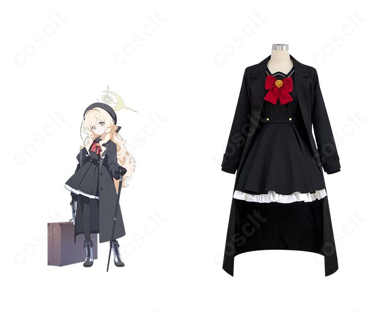 ブルーアーカイブ ニヤニヤ教授 コスプレ衣装の正面とキャラクター再現例。コートとワンピース、スカーフの配色やシルエットを高忠実度で表現。