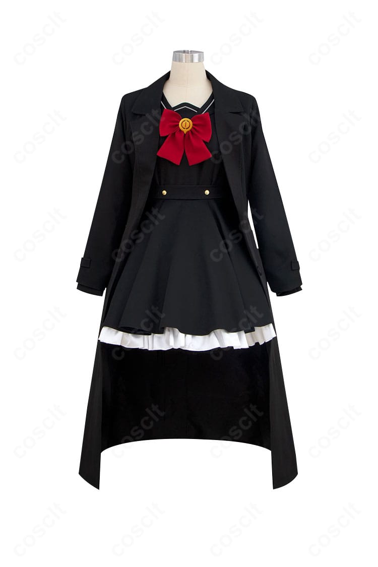 ブルーアーカイブ ニヤニヤ教授 コスプレ衣装の正面全体像。ロングコートの落ち感とワンピースのライン、付属小物の配置を確認できる画像。