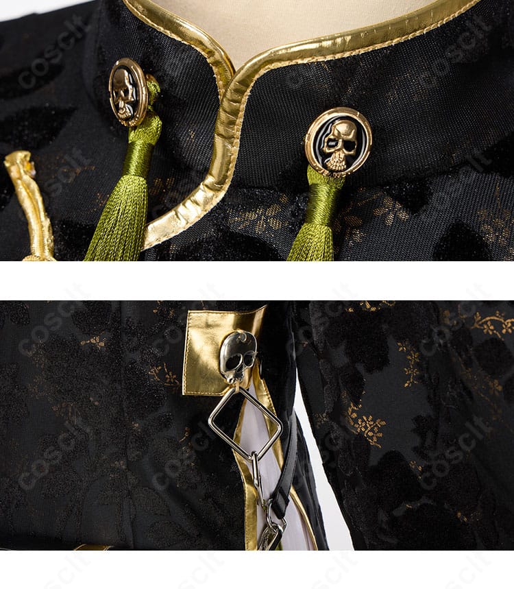 襟元装飾のクローズアップ。装飾パーツの形状と留め方、質感を詳細に示した画像。